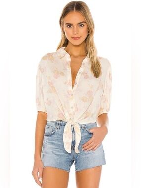 Free People Cream Floral Tie-Front Button Shirt Women’s XL